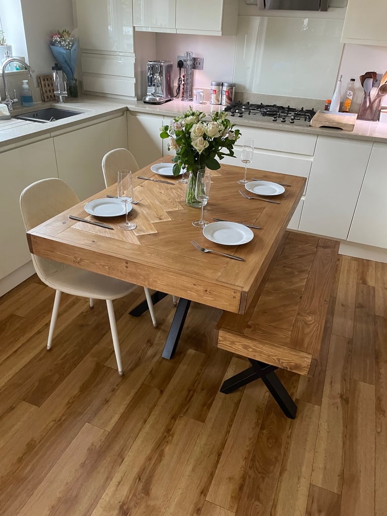 image for Herringbone Design Dining Table with Bench