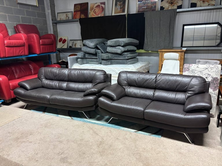 image for Modern Style Brown Leather 2 and 3 Seater Sofas 