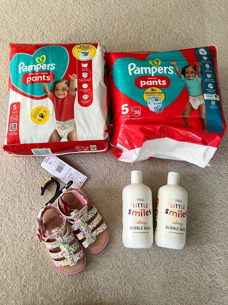 image for 2 Packs of Pampers. Size 11-17kg, 2x M&S Bubble Baths and F&F summer sandals
