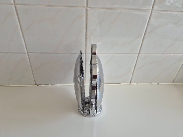 Folding Cake stand, chrome/tin. with 2 leaf shaped serving dishes. £10.00. lincoln