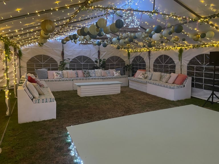 Wedding / Party Setup Including Marquees, Seating, Tables and Decorations.