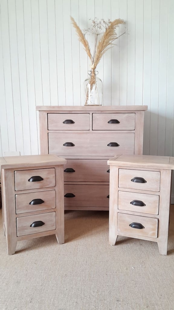Rustic washed oak 3 drawer bedside chest,  industrial style bedroom futniture