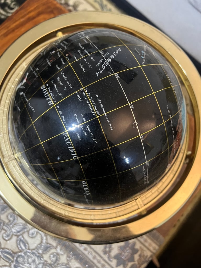 World Globe semi precious gemstone, brass stand