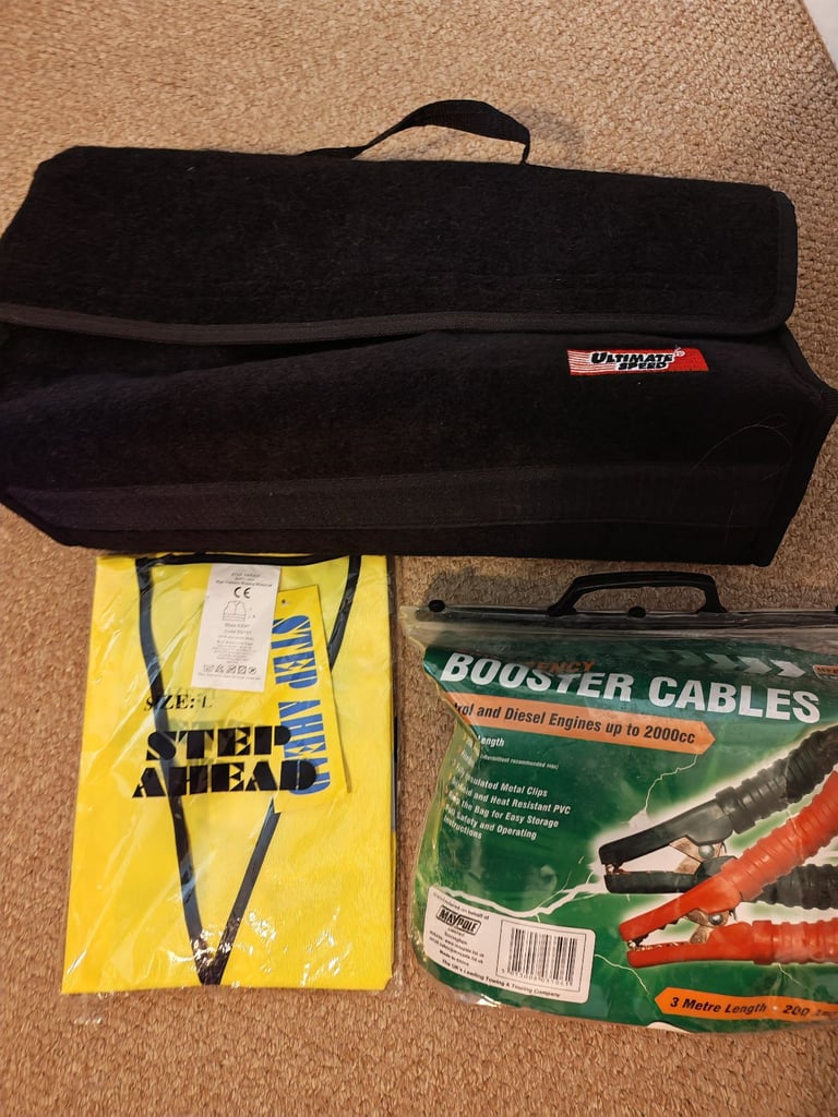 image for Car boot tidy and set of jump leads and new large Hi-vis waistcoat