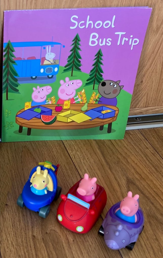 Peppa Pig toy cars x 3 and PEPPA PIG School bus trip book 