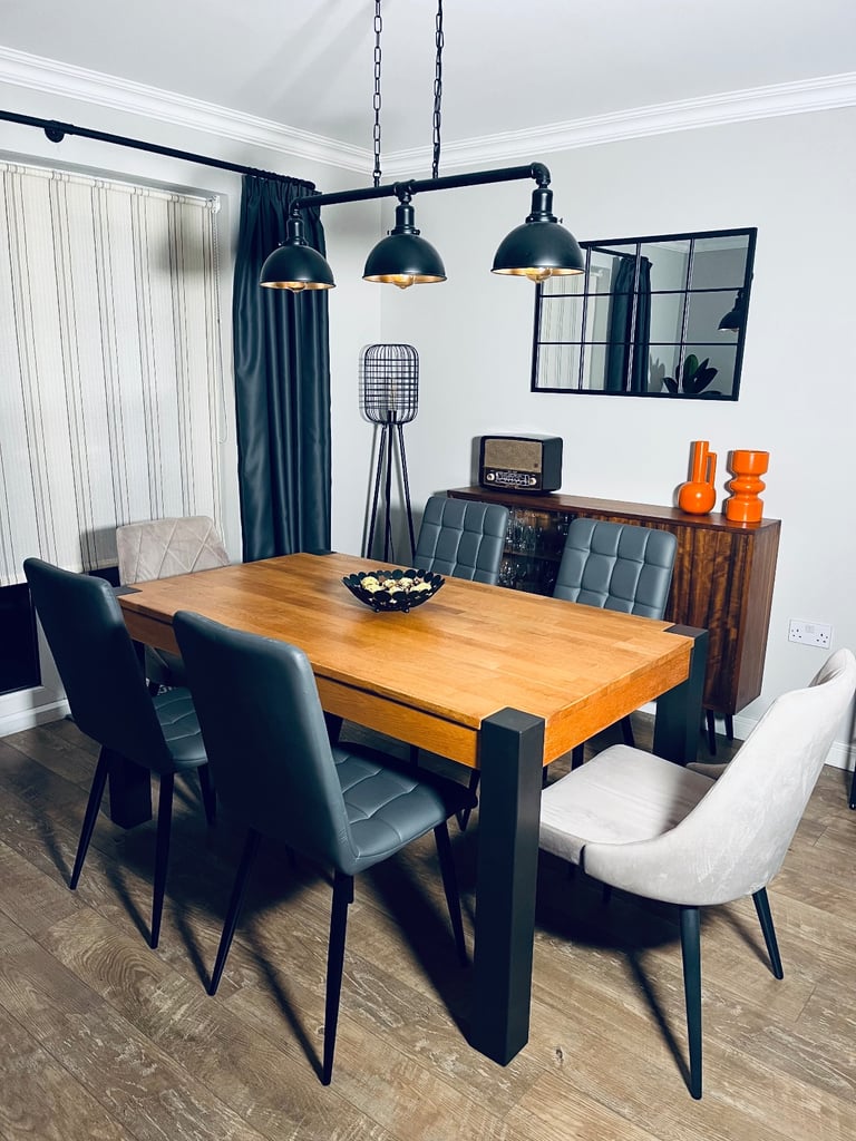 image for Stunning fully refurbished 6 person solid oak dining table set in urban/ industrial style