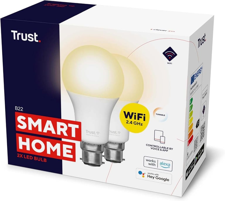 Trust Smart Bulb 2 Pack Dimmable LED Tunable White 9W 2.4GHz WiFi Alexa & Google Home Compatible