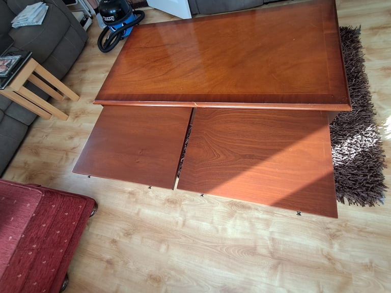 Bradley Furniture Burr Yew Wood Two Drawer Coffee Table + Butlers Serving Trays