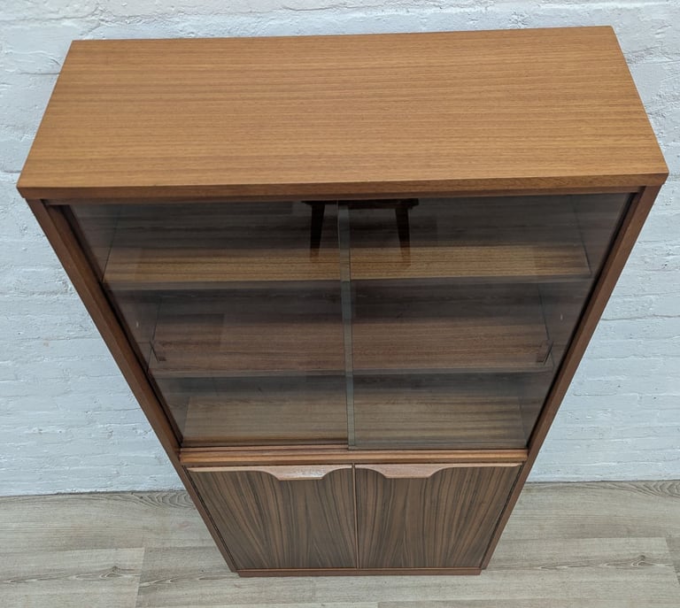 Mid century teak and tiger wood glazed tall bookcase cabinet 