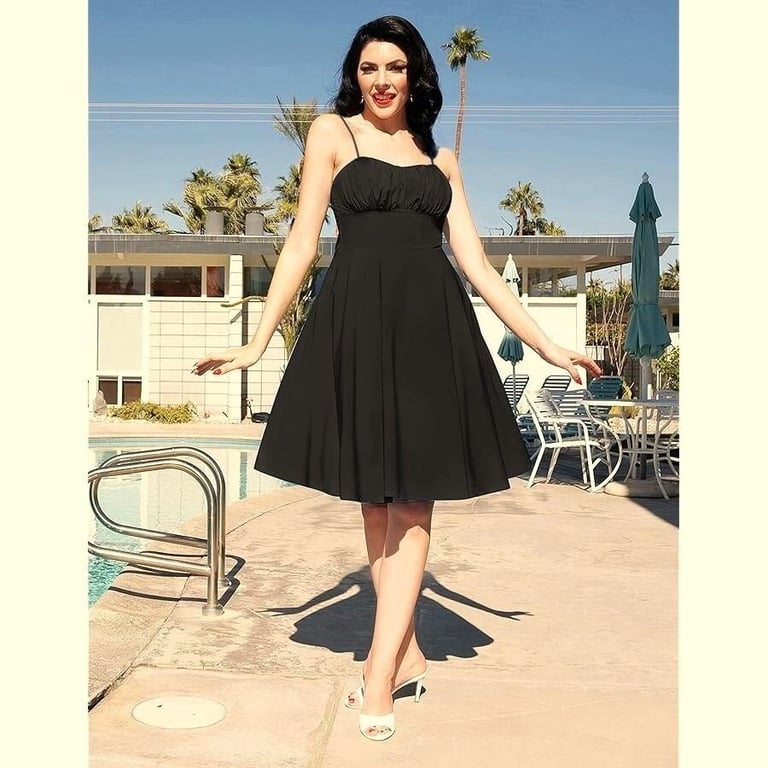 image for New Black Ruched Bust A-Line Dress 50's Style Flared with Thin Straps -Size 14/16.POST OR COLLECT!