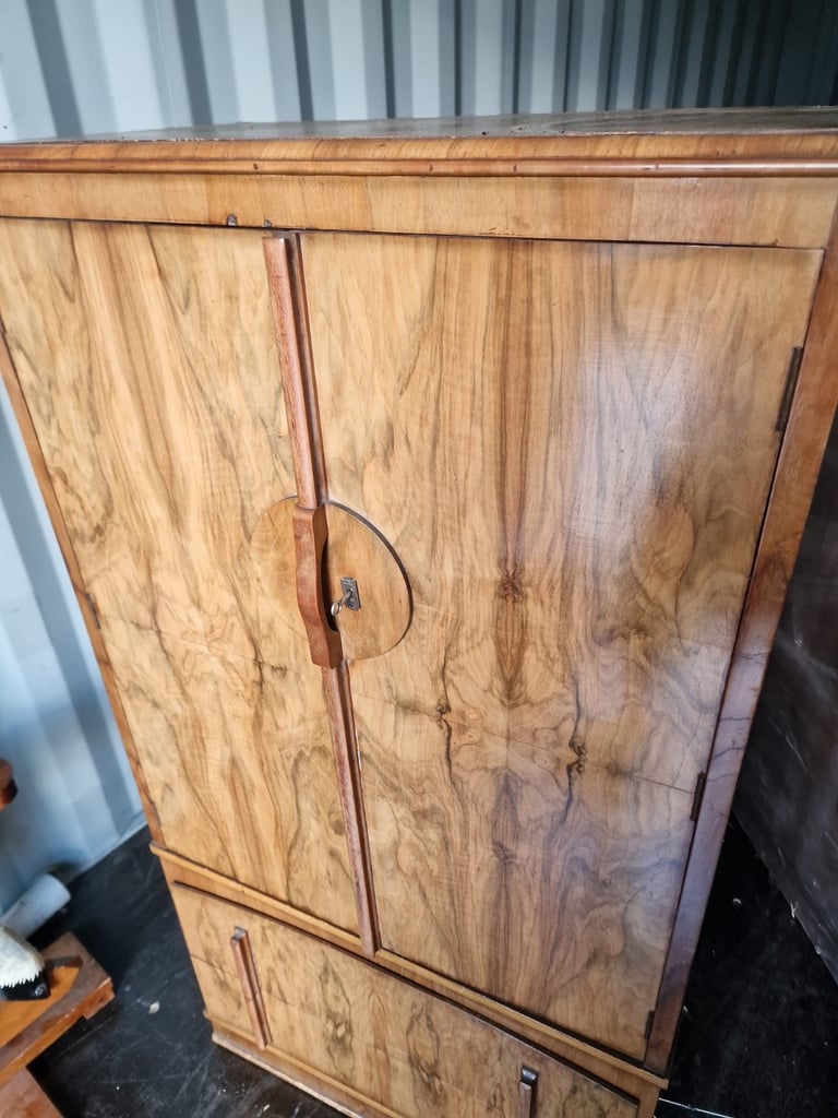 1930’s Art Deco Walnut Two Door Cupboard Over Two Drawers 