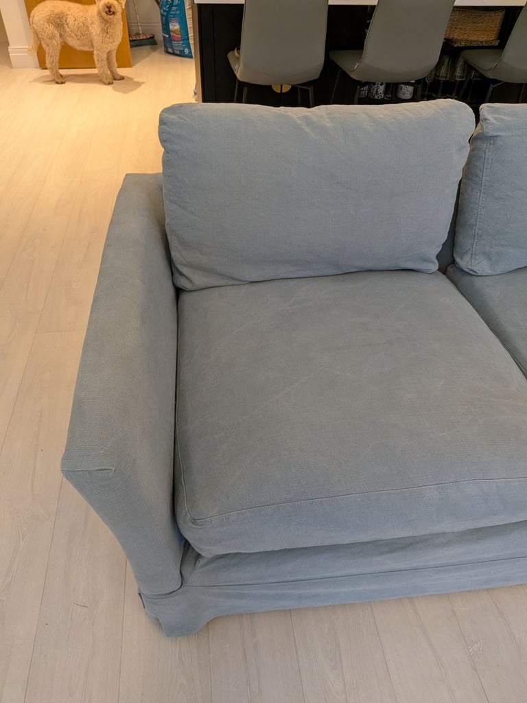 ONO..Stunning superior corner sofa, light blue quality feather filled and foam sofa
