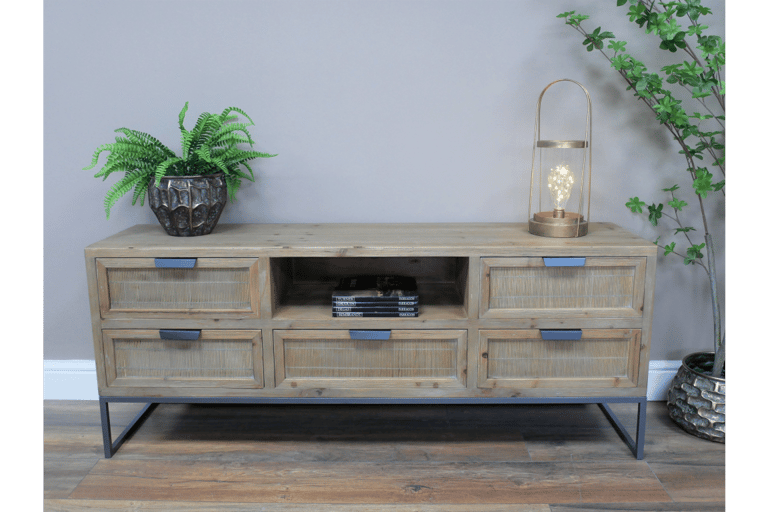 Industrial Styled Solid Wood TV Cabinet with 5 Drawers & 1 Shelf Supported By A Metal Base.