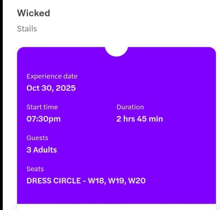 Wicked - 1 ticket, 30 October 7.30pm