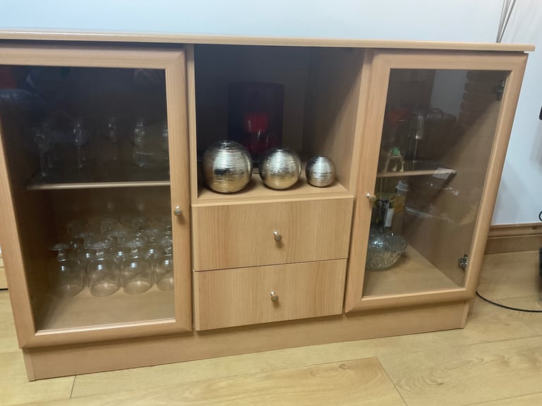 Wooden and glass display units.