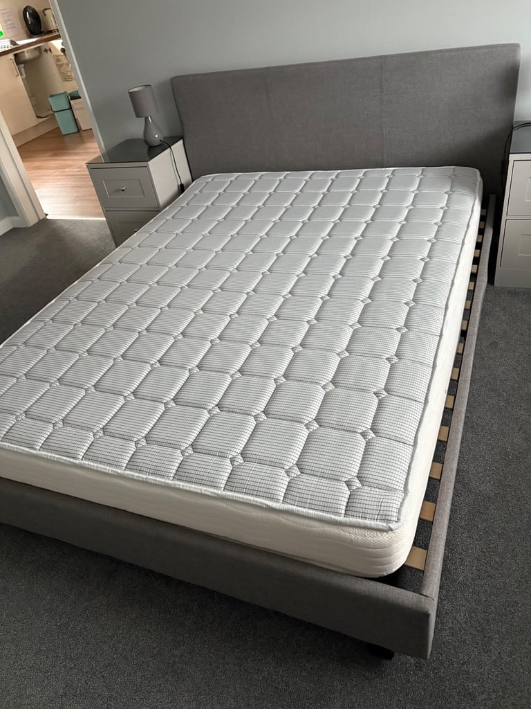 Grey modern king size bed frame with mattress 