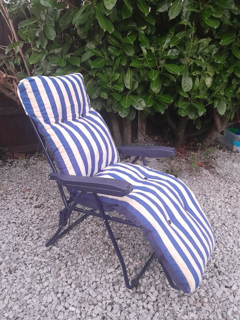 image for Reclining Garden Chair Padded Navy Blue Stripe