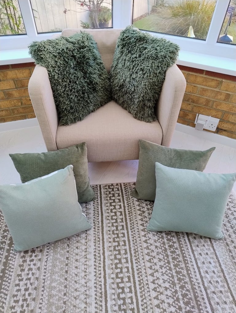 Dunelm rug plus 6 cushions in green colour.