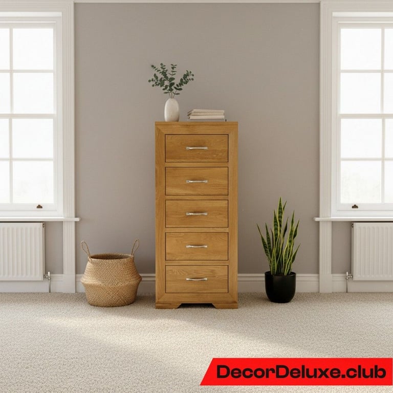 image for Oak Furniture Land Solid Oak Bevel Tallboy - Five Drawer Chest - Delivery Avail 003F