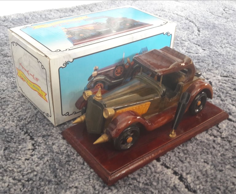 image for Desk Tidy Vintage Wooden Car pen holder on platform – post or collect