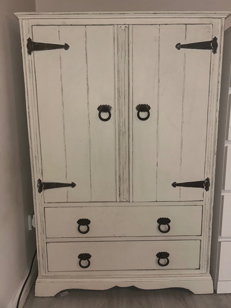 image for Shabby Chic Solid Wood Wardrobe – Cream with Black Iron Handles