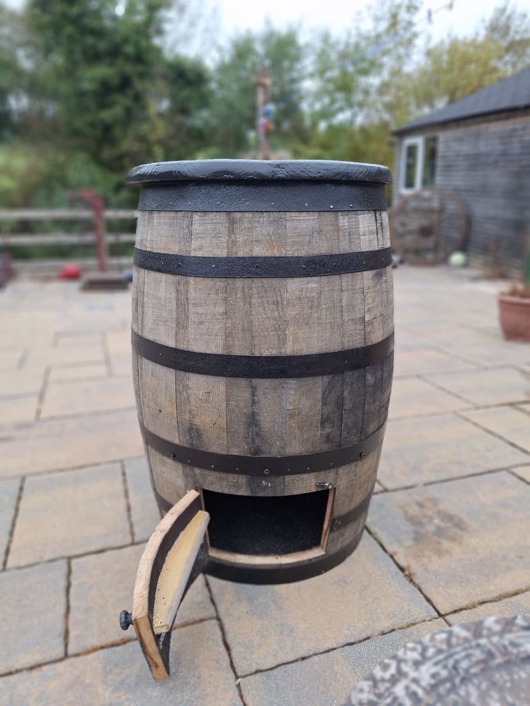Oak barrel coal bunker for garden patio 