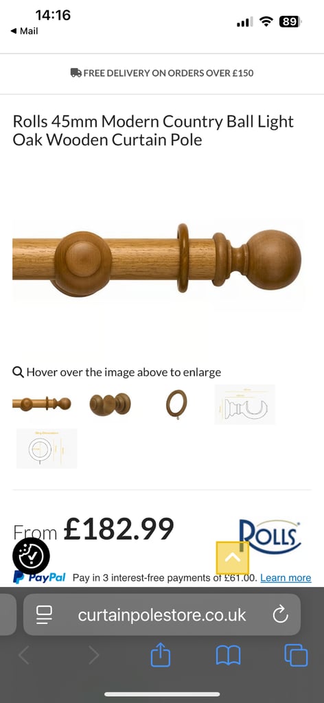 image for Solid Oak 45mm diameter curtail poll- see description for prices