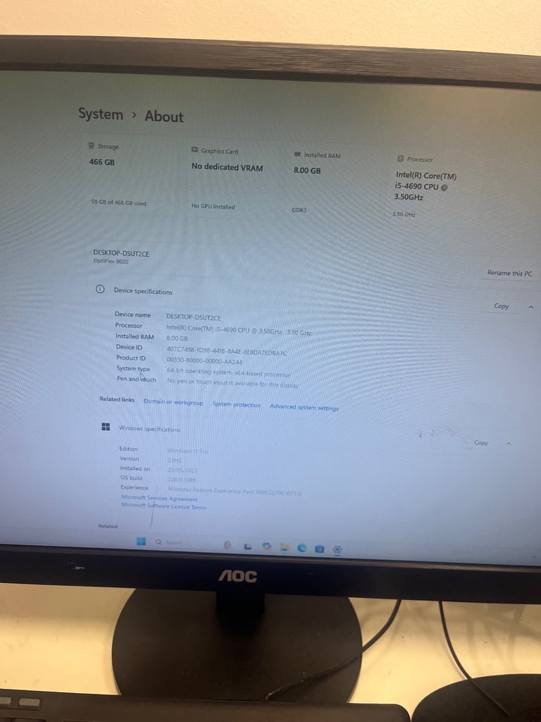 Full pc I5-4690 processor. 8gb ram 500hdd windows11 pro office 365. Wi-fi dongle 