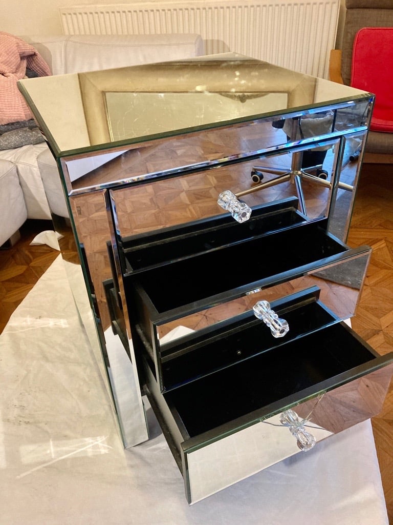 Mirrored Bedside Table with 3 Draws .