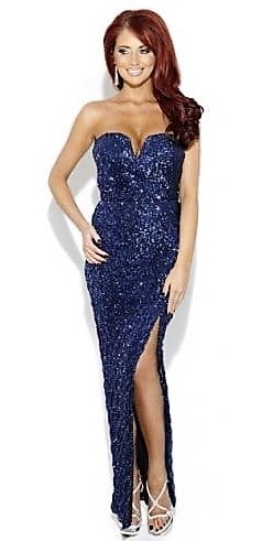 AMY CHILDS BLUE SEQUIN DRESS Designer Maxi Long Hour Glass Fit Strapless Boned Side Split Style