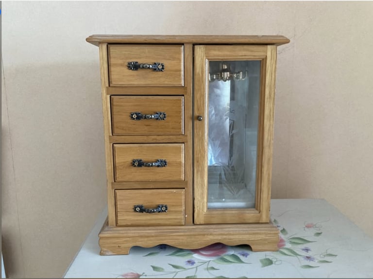 image for Beautiful Wooden Jewelry Box + Mirror + Glass case window