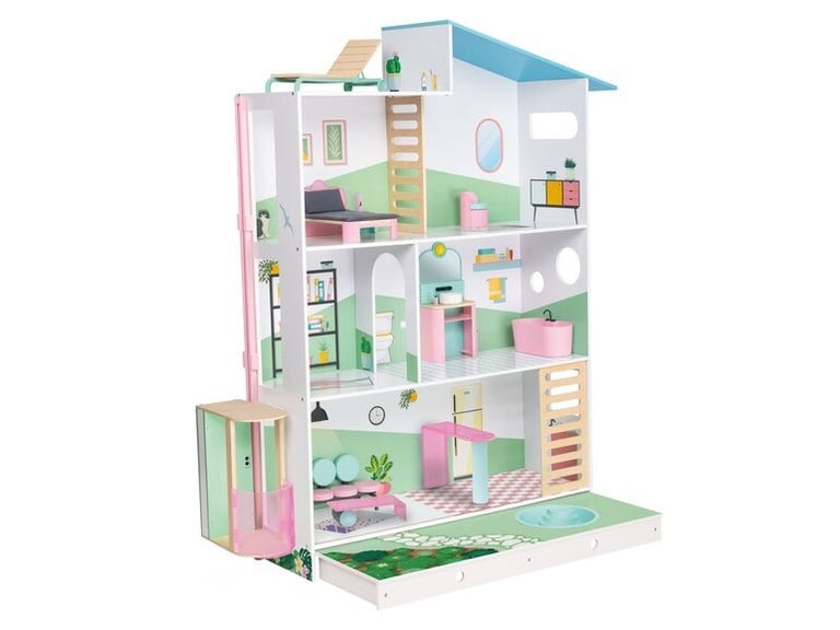 image for Brand New Playtive Wooden Premium Dolls House With 15 Pieces of Furniture 3 Floors 108cm