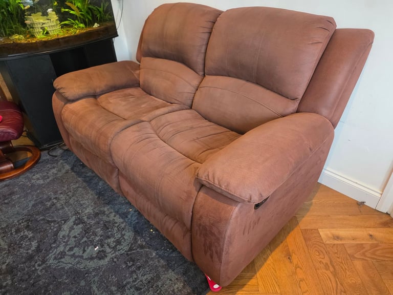 image for 2-Seater Manual Recliner Sofa – Brown Faux Suede – Clean and Comfortable