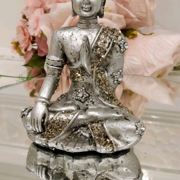 Set of 3 Silver Sitting Diamante Encrusted Buddha's. Handmade finish