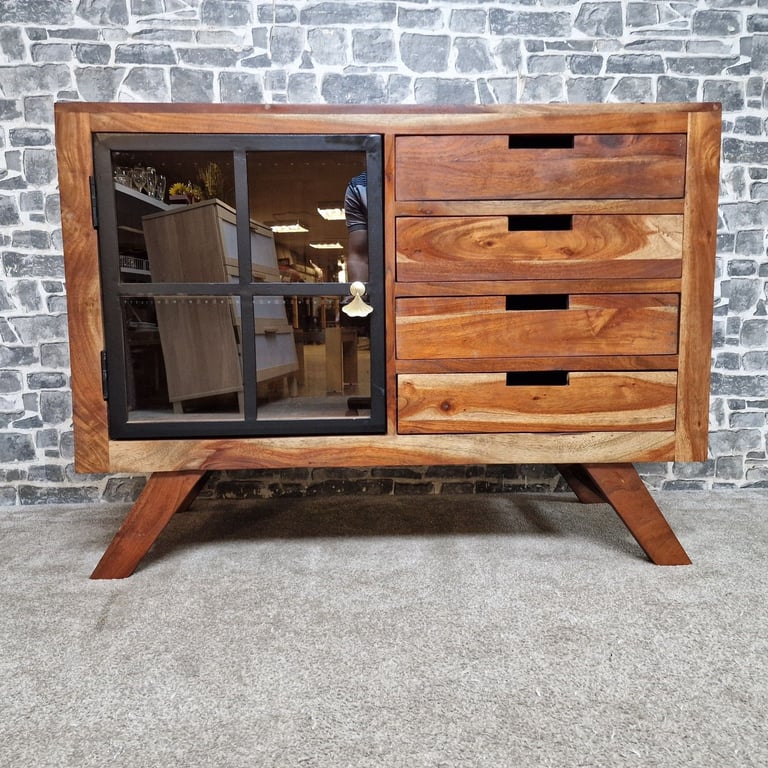 image for Amazonas Solid Sheesham Wood Sideboard with Glass Door & 4 Drawers