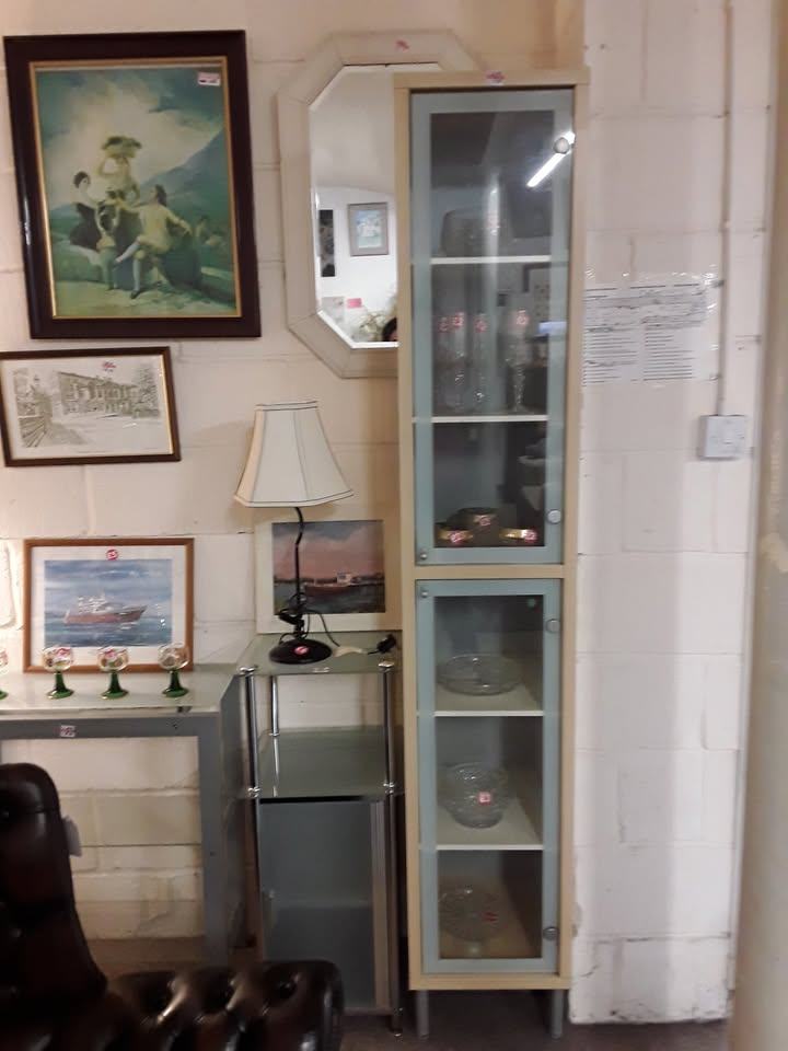 image for Tall slim modern glass 2-door cabinet Low Cost Moves 2nd Hand Furniture STALYBRIDGE SK15 3DN