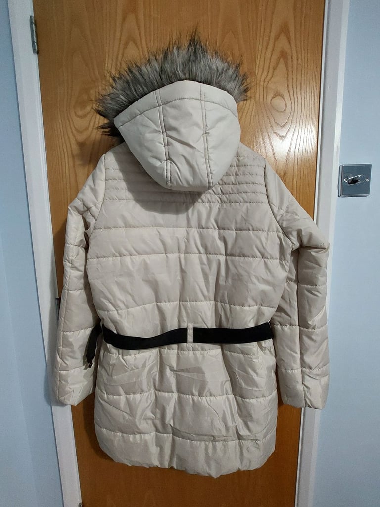 Ladies Cream Coat with fluffy hood