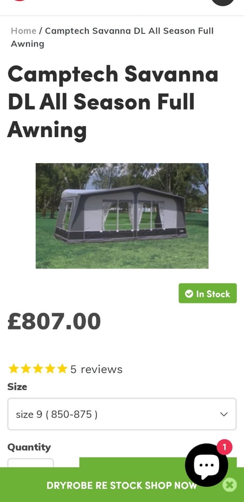 FULL AWNING Camptech Savanna DL Seasonal Full Caravan Awning. 850 / 87