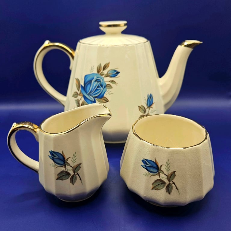 image for Vintage 1950-60s Sadler Tea Set with Blue Roses and Gold Accents