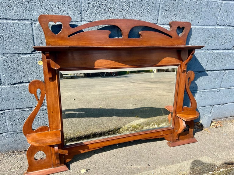 image for Large Vintage Swan Motif Wooden Wall Mirror with Heart Cutouts & Shelves