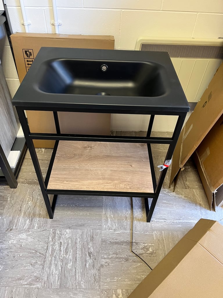 image for Royo Indus 60 Matt black washstand and mineral basin, wall mounted mixer & waste