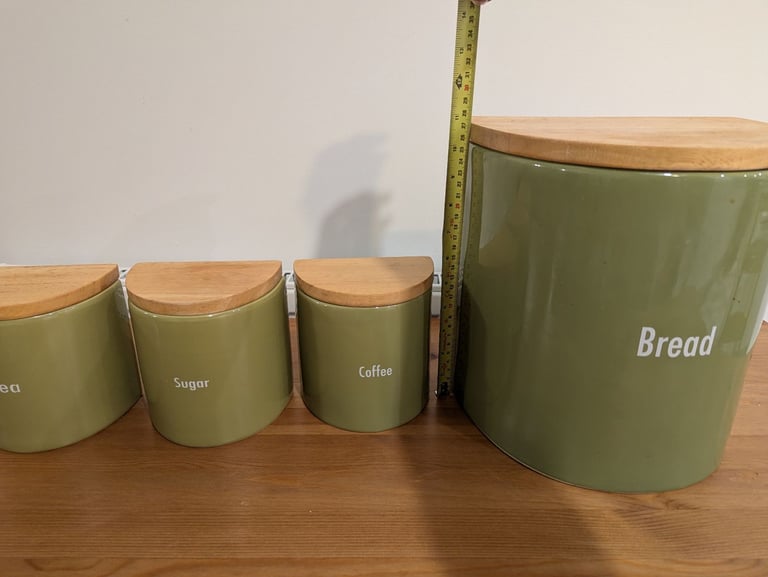 image for Tea, Coffee, Sugar & Bread Container Set – Green with wooden Lids