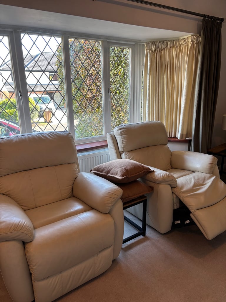 Dfs cream leather reclining sofa and 2 chairs