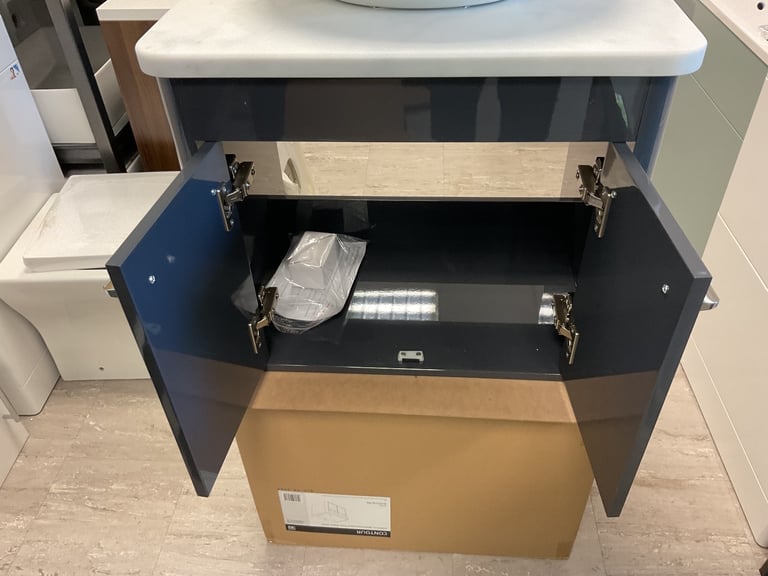 Roper Rhodes Anthracite wall hung vanity 600, Carrara marble like counter, basin, mixer & waste