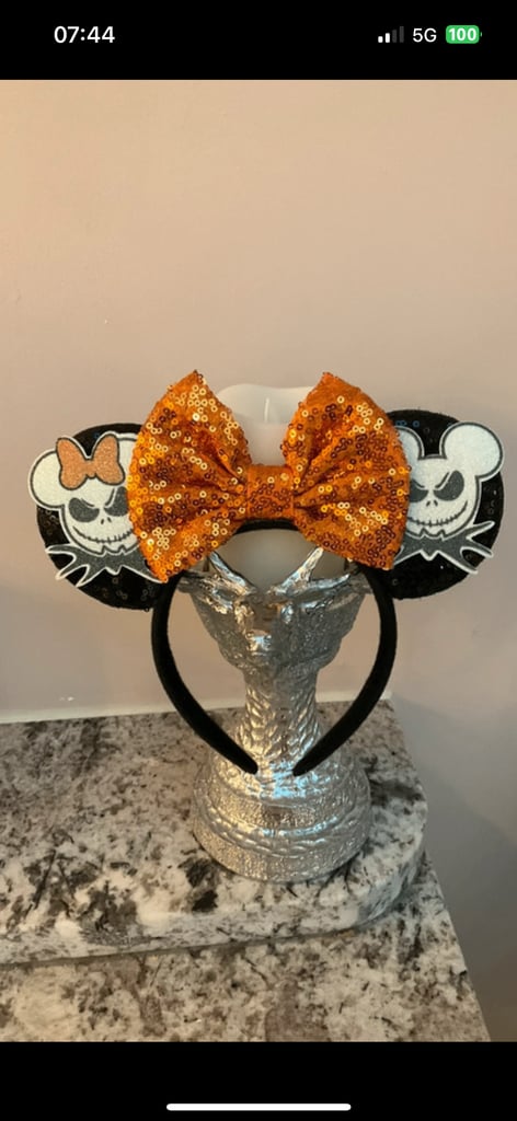 image for Disney Halloween 🎃 Black Minnie & Mickey Ears with Orange Bow