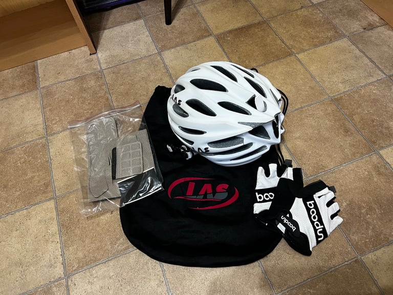 image for Las Galaxy unused cycling helmet with padding strips, gloves, and travel bag