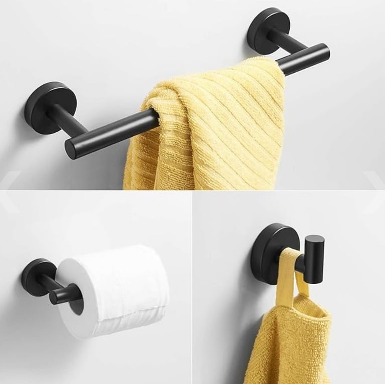 Black Bathroom Accessories Towel Rail Robe Hook Toilet Roll Holder, 3-Piece Set