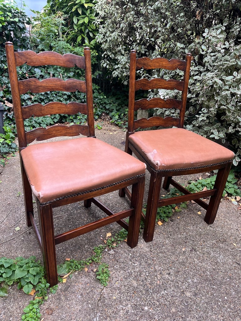 Pair of Vintage Wooden Ladder-Back Dining Chairs – Tan Faux Leather Seats