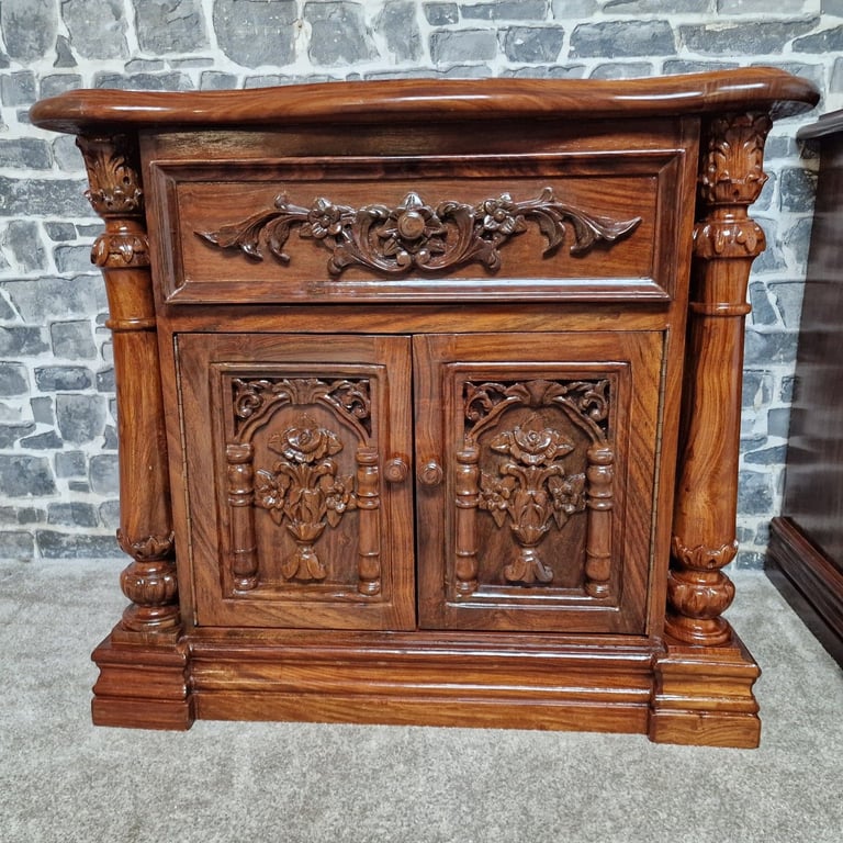 Pair of Hand-Carved Wooden Bedside Cabinets