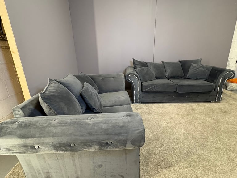 Grey French velvet 3 seater and 2 seater sofa DELIVERY AVAILABLE!
